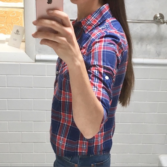 True Religion Collared Western Pocket Red Blue Plaid button up women Shirt large - Picture 2 of 16